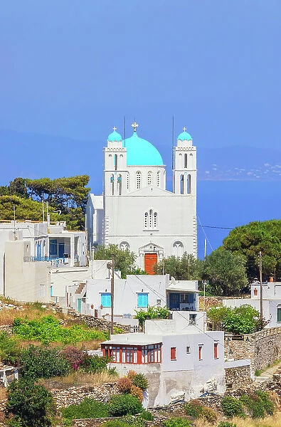 View of the blue domed Orthodox church of Kato Petali village, Apollonia, Sifnos Island, Cyclades Islands, Greece