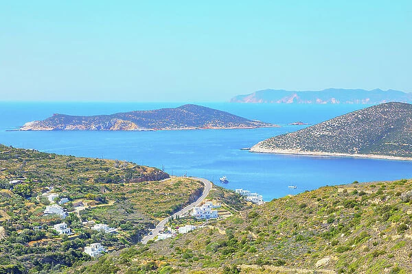 View of the coast near Platis Gialos, high angle view, Platis Gialos, Sifnos Island, Cyclades Islands, Greece