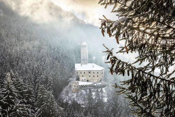 Welsberg Castle(Monguelfo castle) in the morning fog after a snowfall. Monguelfo, Val di Casies, Bolzano province, South Tyrol, Italy Europe
