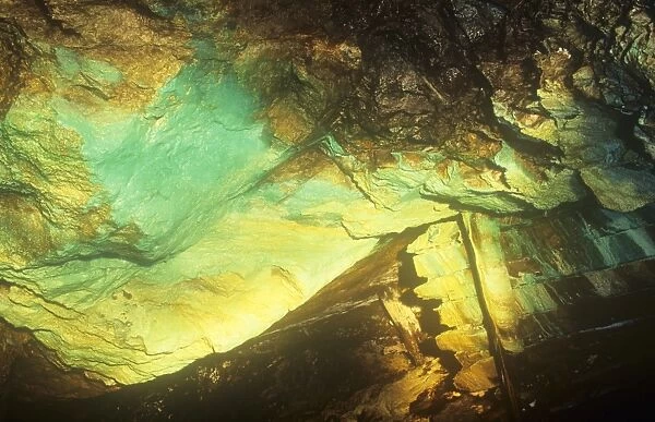 Copper staining in Coniston Copper mines, long since abandoned in the Lake District, UK