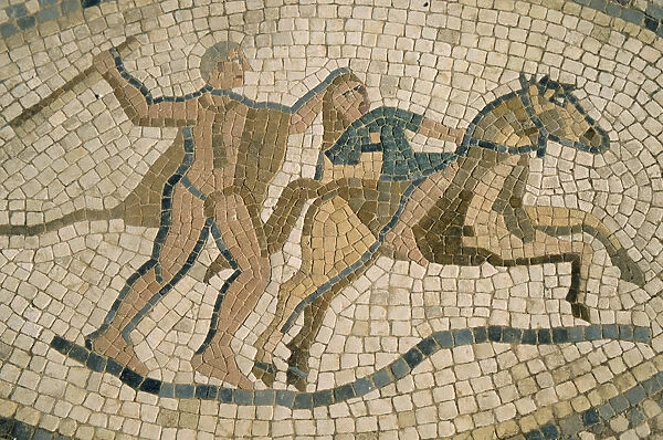 20069378. MOROCCO Volubilis Detail of mosaic depicting horseman and figure with club