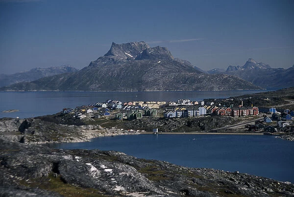 20086531. GREENLAND Nuuk Town houses in rocky landscape looking north across Lake Vandso