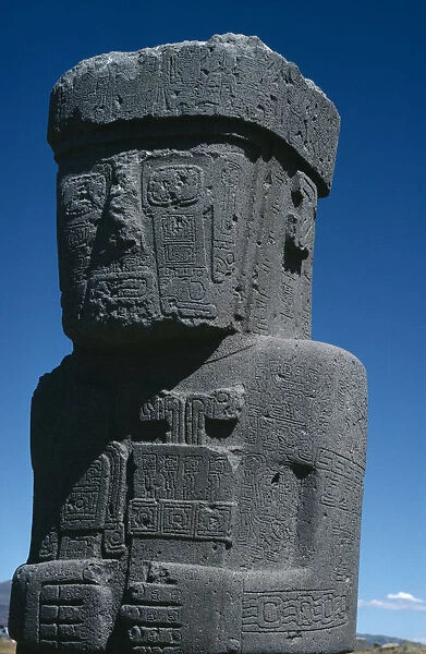 BOLIVIA, La Paz Tihuanaku basalt figure. Sun God. Ancient pre-Aymara site