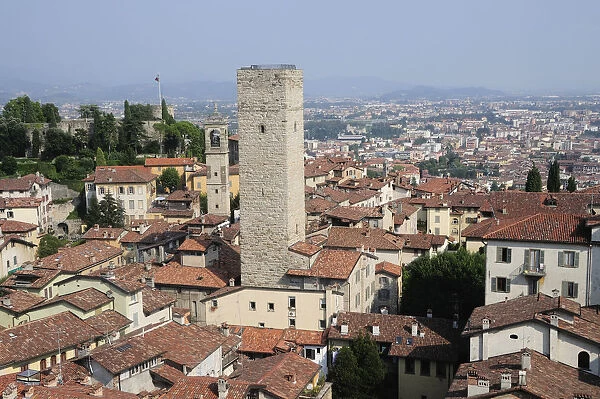 Italy, Lombardy, Bergamo, view of Citta Alta with Gombito Tower from Torre Civica