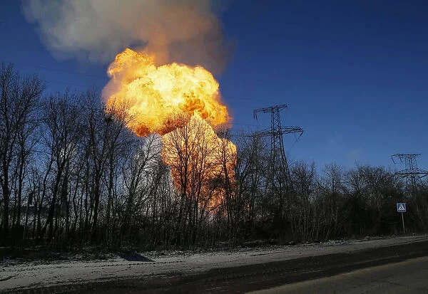 A view of an explosion after shelling is seen not far from Debaltseve