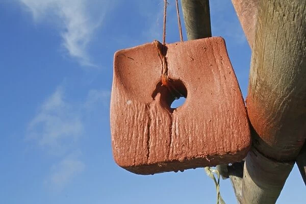 Horse mineral block hanging from fence in paddock, Suffolk, England, October