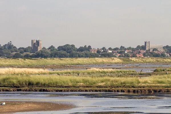 Looking over Havergate Island Marsh towards Orford, which shows the castle and church. - Suffolk