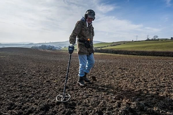 Man using metal detector in field, Llanfair Llanfair Talhaiarn, Conwy, North Wales, February