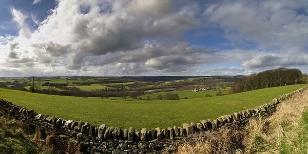 View over drystone wall across farmland towards lake, looking from A68 above Witton-le-Wear, McNeil Bottoms