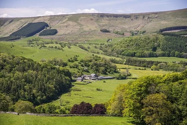 View of farm buildings and farmland, New Laund Farm, Whitewell, Forest of Bowland, Lancashire, England, June