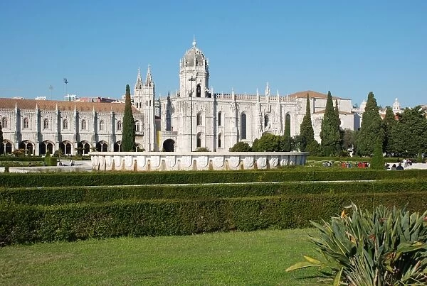 View of gardens outside late-Gothic Monastery, Hieronymites Monastery (Mosteiro dos Jeronimos), Belem, Lisbon