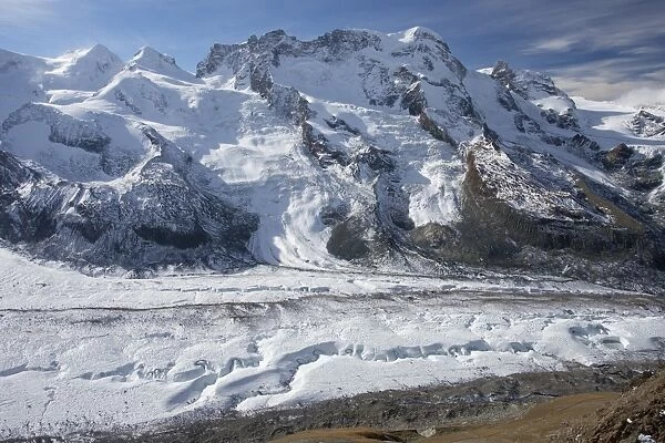 View of mountain valley glacier, Gornergletscher (Gorner Glacier), Monte Rosa Massif, Valais, Swiss Alps, Switzerland