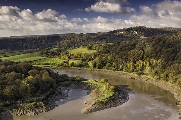 View of river, farmland and woodlands, Wintourss Leap, River Wye, Wye Valley, near Chepstow, South Wales, November