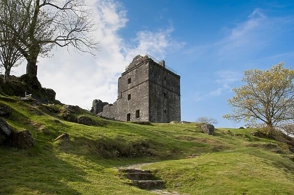 View of ruined 16th century towerhouse, Carnasserie Castle, Kilmartin, Argyll and Bute, Scotland, april