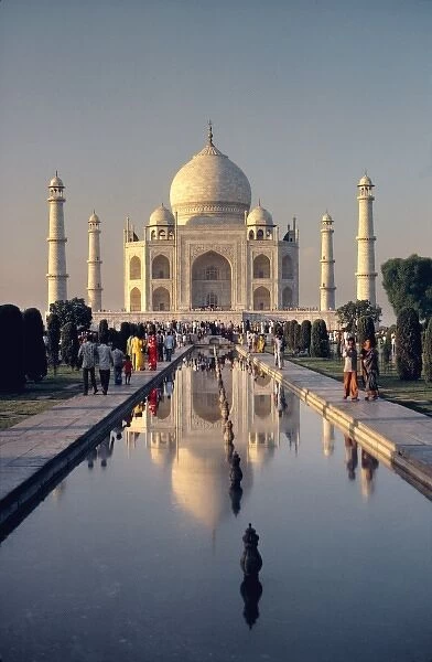 Asia, India, Agra. At dusk the reflection pool in front of the Taj Mahal, a World Heritage Site