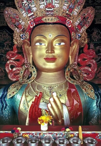 Asia, India, Ladakh, Thikse. The gilt Buddha at Thikse Gompa, Ladakh, India, is roughly