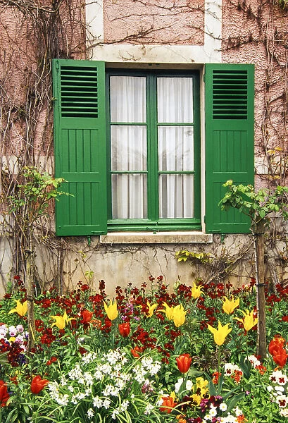 Green shutters at a window overlooking a garden in France