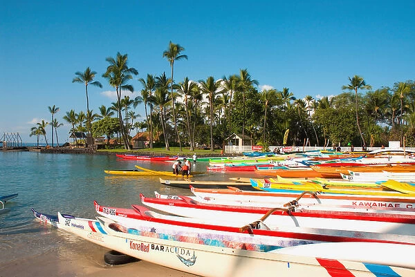 Hawaii, Big Island, Kona-Kailua. Outrigger canoes in the cove at the King Kamehameha
