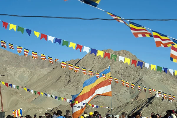 India, Ladakh, Leh, prayer flags at Shanti Stupa