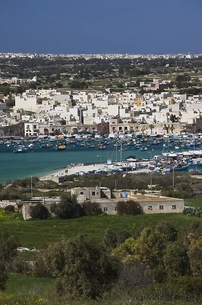 Malta, Southeast, Marsaxlokk, village view from Delimara Point