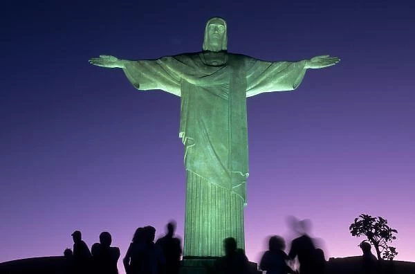 Rio de Janeiro, Brazil. the Christ Statue on Corcovado mountain at night with greenish floodlights