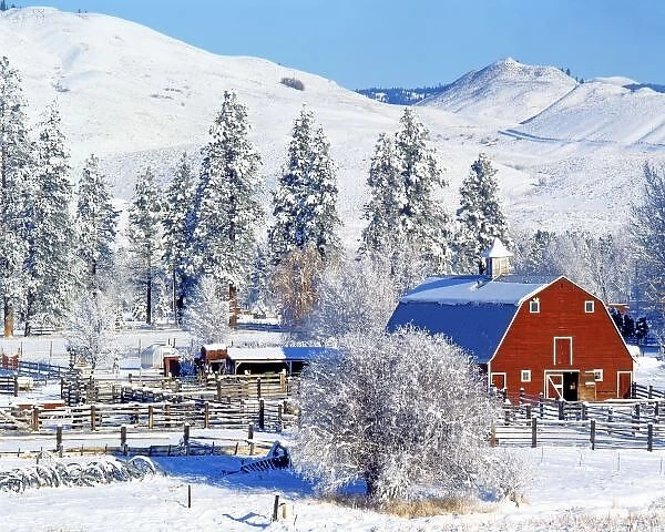 USA, Washington, Methow Valley, Barns in winter