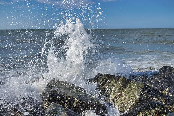Waves crashing on rocks, Honeymoon Island State Park, Dunedin, Florida, USA