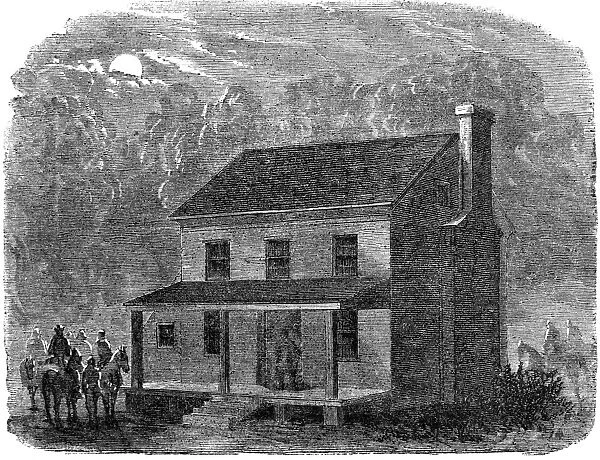 (1838-1865). American actor and assassin of President Abraham Lincoln. The farmhouse belonging to Richard H. Garrett, near Bowling Green, Virginia, where Booth died several hours after his capture on 26 April 1865. Contemporary wood engraving