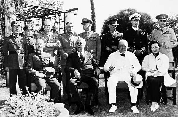 Allied at the Cairo Conference, Egypt. Front row, from left: Chiang Kai-Shek, Franklin Delano Roosevelt, Winston Churchill, and Chiangs wife, Soong Mei Ling. Back row: Shang Chen, Liu Wei, Brehon Burke Somervell, Joseph Stilwell, Henry H. Arnold, Sir John Dill, Lord Mountbatten, and Carton de Wiart. Photographed 25 November 1943