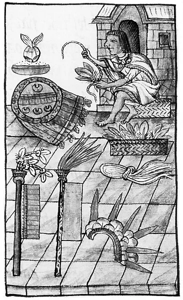 AZTEC CRAFTSMAN. An Aztec craftsman in his workshop. Drawing from the Codex Florentino