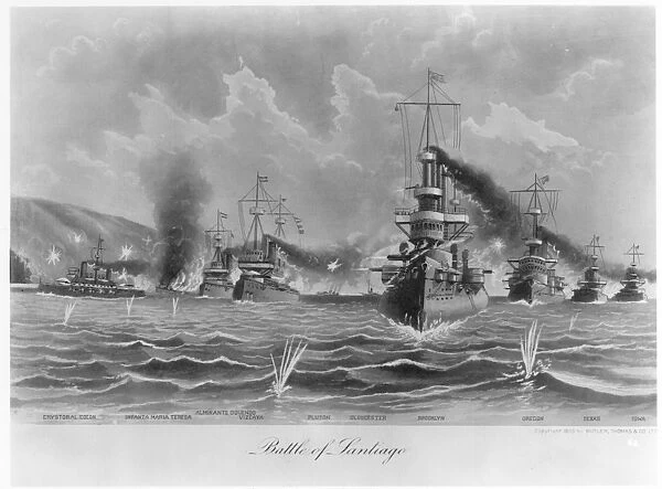 BATTLE OF SANTIAGO, 1898. The Battle of Santiago, Cuba, 3 July 1898, during the Spanish-American War. Engraving, 1899