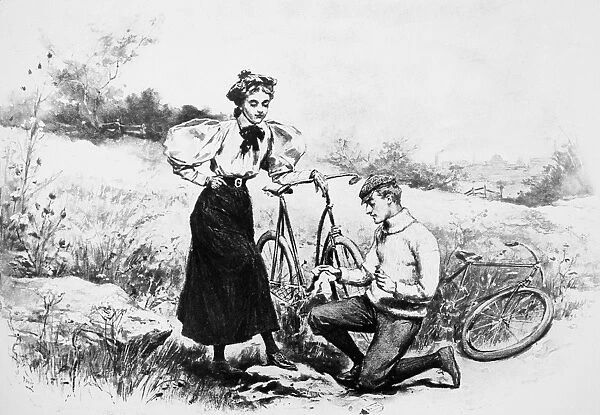 BICYCLING, c1898. American magazine advertisement for Browns shoe dressing, c1898