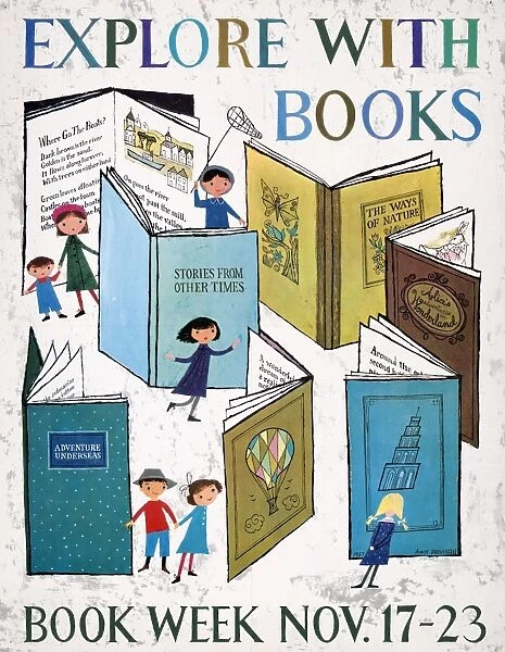 BOOK WEEK, 1957. Explore with books. Lithograph by Alice Provensen, 1957