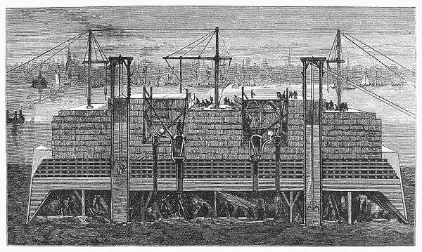 BROOKLYN BRIDGE: CAISSON. Cross section of a caisson of the Brooklyn Bridge. Engraving, c1870