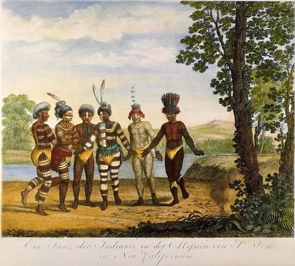 CALIFORNIA: SAN JOSE MISSION. Native Americans dancing at the San Jose Mission in (New) California. Engraving after Georg Heinrich von Langsdorff, 1812