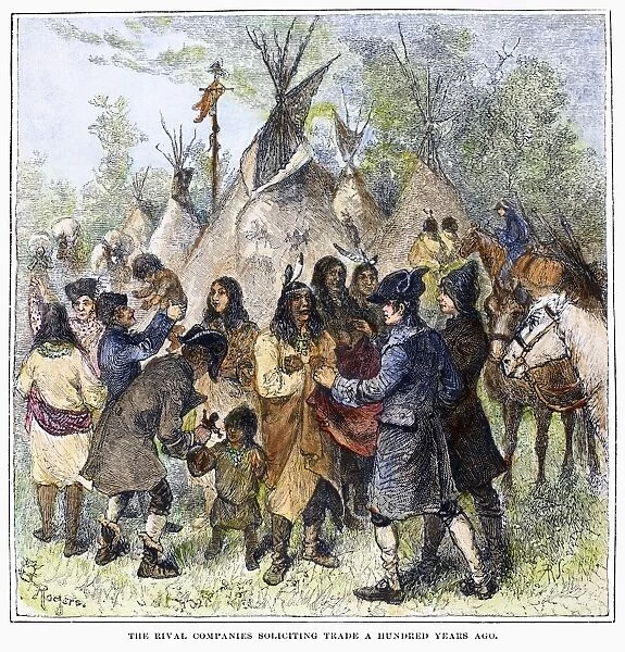 CANADA: FUR TRADE, c1780. Agents of the Hudsons Bay Company and the North-West Company competing for trade with Native Americans in Canada, c1780. Wood engraving, American, 1879