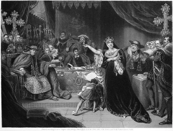 CATHERINE OF ARAGON (1485-1536). First wife of King Henry VIII of England. The trial of Queen Catherine. Steel engraving, American, 1869