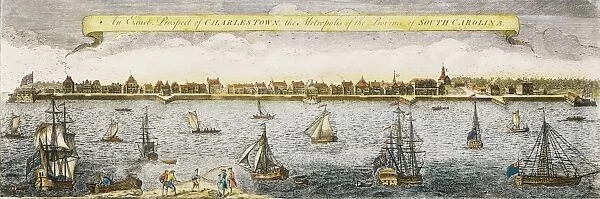 CHARLESTON, S. C. 1762. View of Charleston, South Carolina: English colored engraving, 1762