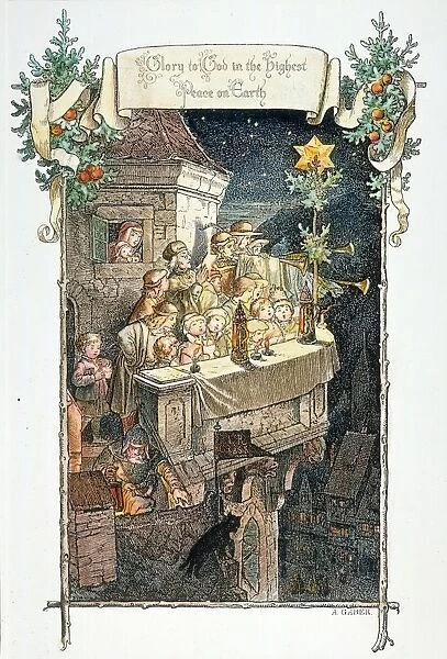 CHORUS OF CAROLERS, 1855. At Christmastime: wood engraving, 1855, by Ludwig Richter