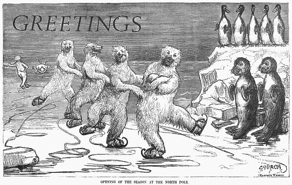 CHRISTMAS: POLAR BEARS. Opening of the season at the North Pole. Illustration by Frederick Stuart Church, 1875