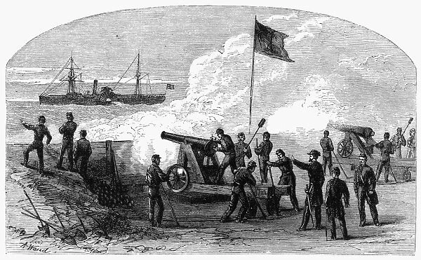 CIVIL WAR BATTERY. Charleston harbor battery during the American Civil War. Engraving from a contemporary newspaper