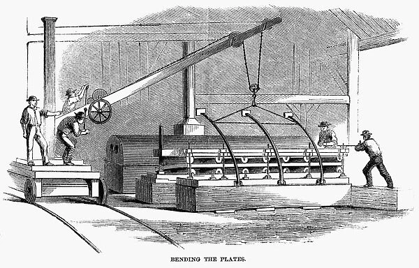 CIVIL WAR: IRON WORKS, 1862. Workmen at the Novelty Iron Works in New York City bending plates to be used in refitting the U. S. S. Roanoke as an ironclad vessel during the American Civil War, 1862. Contemporary American wood engraving