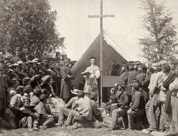 CIVIL WAR: MASS, 1861. Father Thomas Mooney giving Sunday morning mass at the camp of the 69th New York State Militia near Washington, D. C. 1861