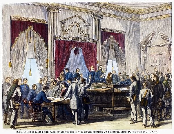 CIVIL WAR: PAROLES, 1865. Rebel soldiers taking the Oath of Allegiance in the Senate chamber at Richmond, Virginia. Wood engraving from a Northern newspaper shortly after the end of the Civil War in 1865