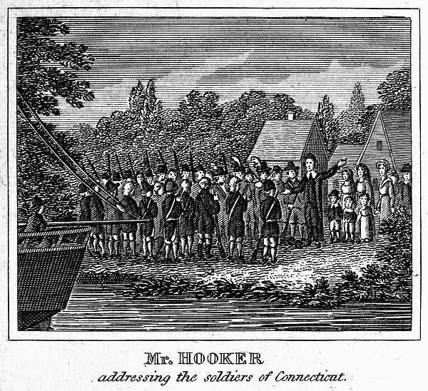 CONNECTICUT: PEQUOT WAR. Colonial and religious leader Thomas Hooker addressing the soldiers of Connecticut Colony during the Pequot War (1636-37). Line engraving, early 19th century