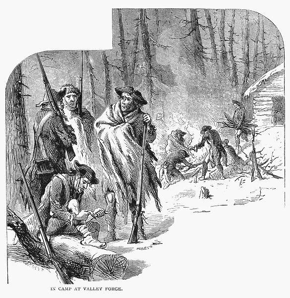 Continental Army soldiers encamped at Valley Forge, Pennsylvania, during the winter of 1777-78. Line engraving, 19th century