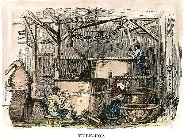 COPPERSMITHS, c1865. A coppersmiths workshop: wood engraving, English, c1865