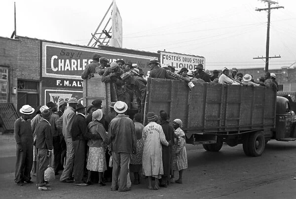 COTTON PICKERS, 1938. African American cotton pickers boarding a crowded truck