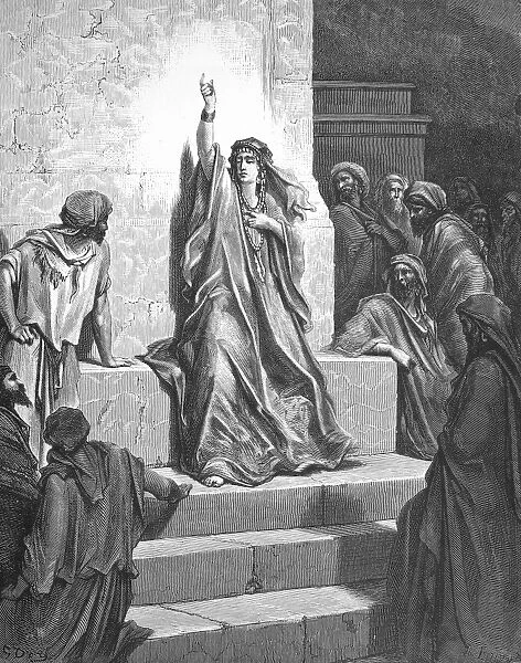 DEBORAH SINGING PRAISES. Deborah praising the Lord for Israels victory over Canaan (Judges 5: 1, 24, 26, 27, 31). Wood engraving after Gustave Dor