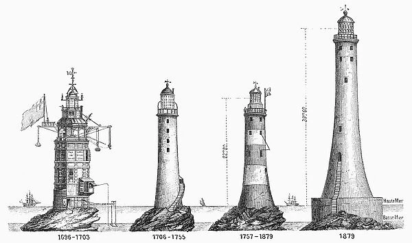EDDYSTONE LIGHTHOUSE. The developement of the lighthouse on Eddystone Rocks in the English Channel, from the 1696 wooden structure til 1879. Wood engraving, French, 1879